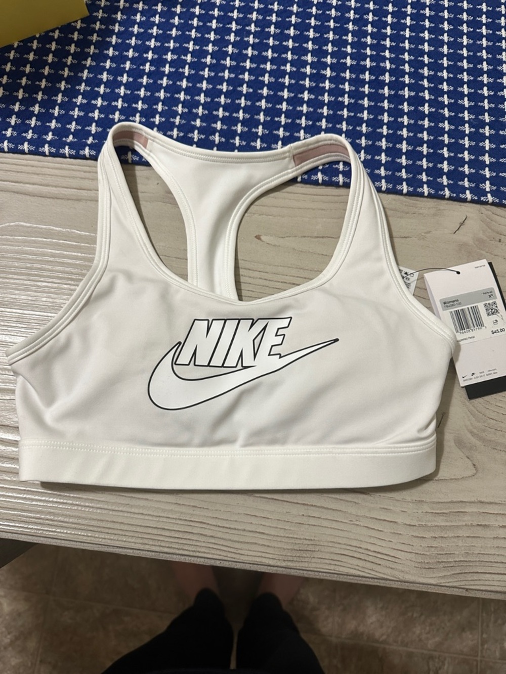 Nike White Racerback Sports Bra with Black Logo Swoosh
